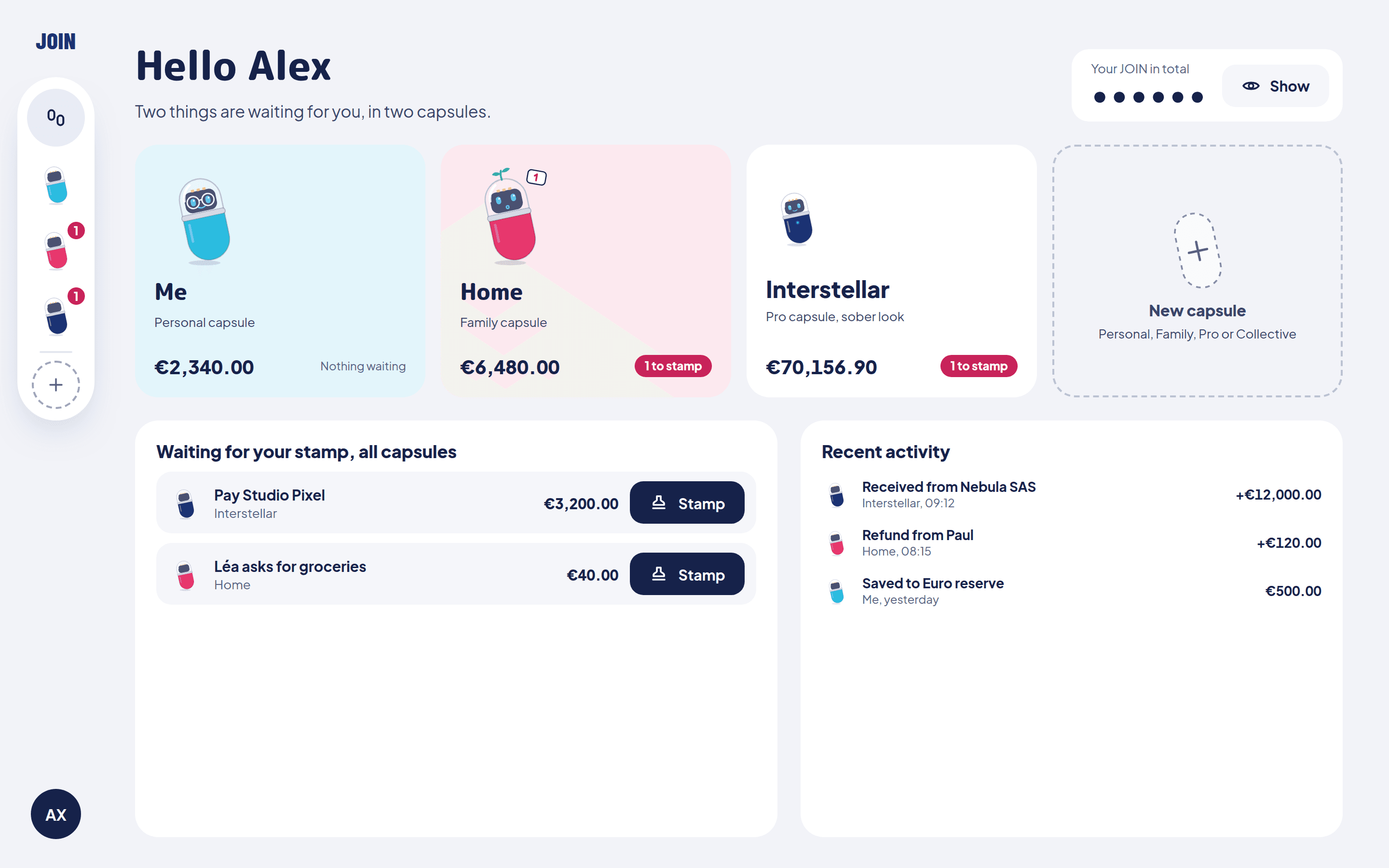 The JOIN app on a computer: the capsule rail on the left, the Me, Home and Interstellar capsules with their balances, two payments waiting for your stamp and the recent activity.