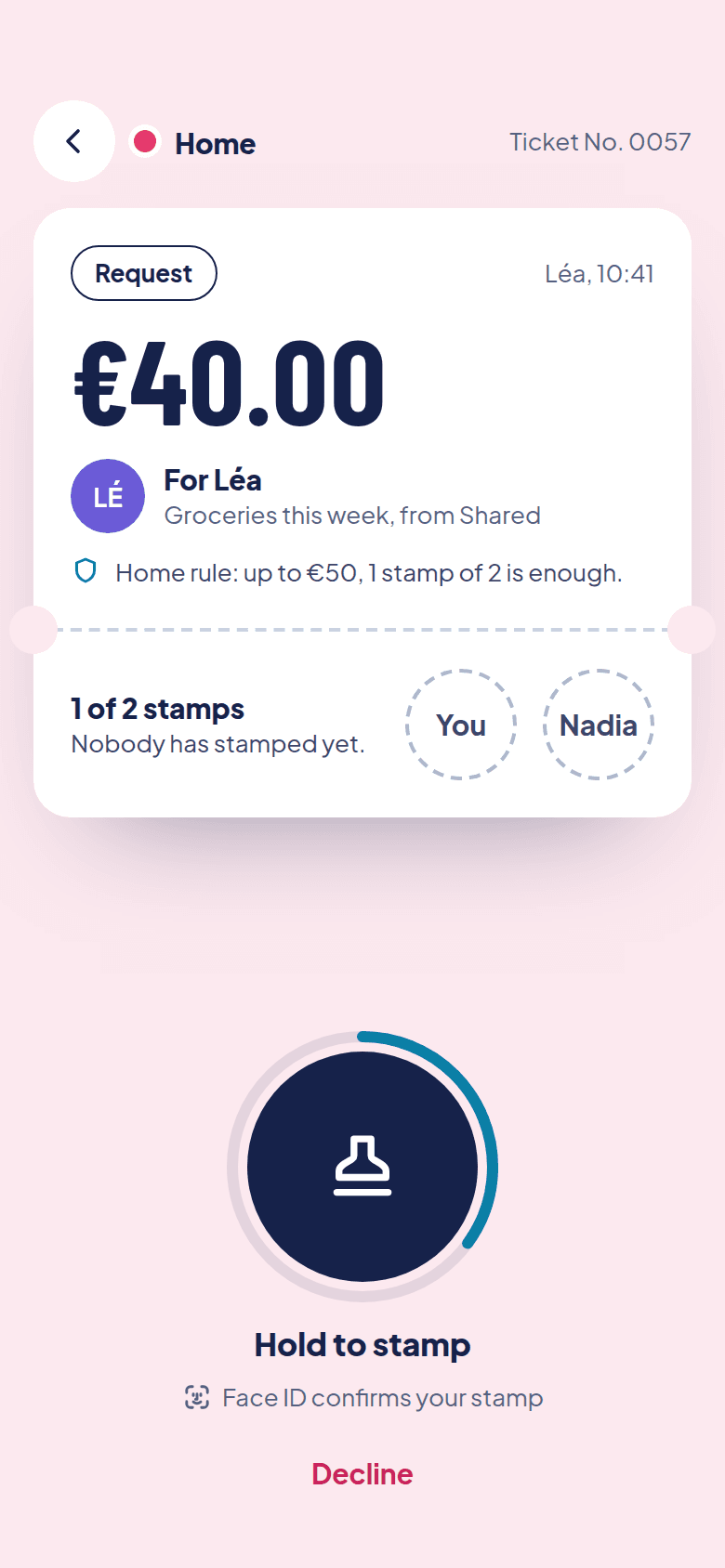 The same request in the JOIN app on a phone: €40.00 for Léa in the Home capsule, 1 of 2 stamps, a Hold to stamp button and Face ID to confirm.